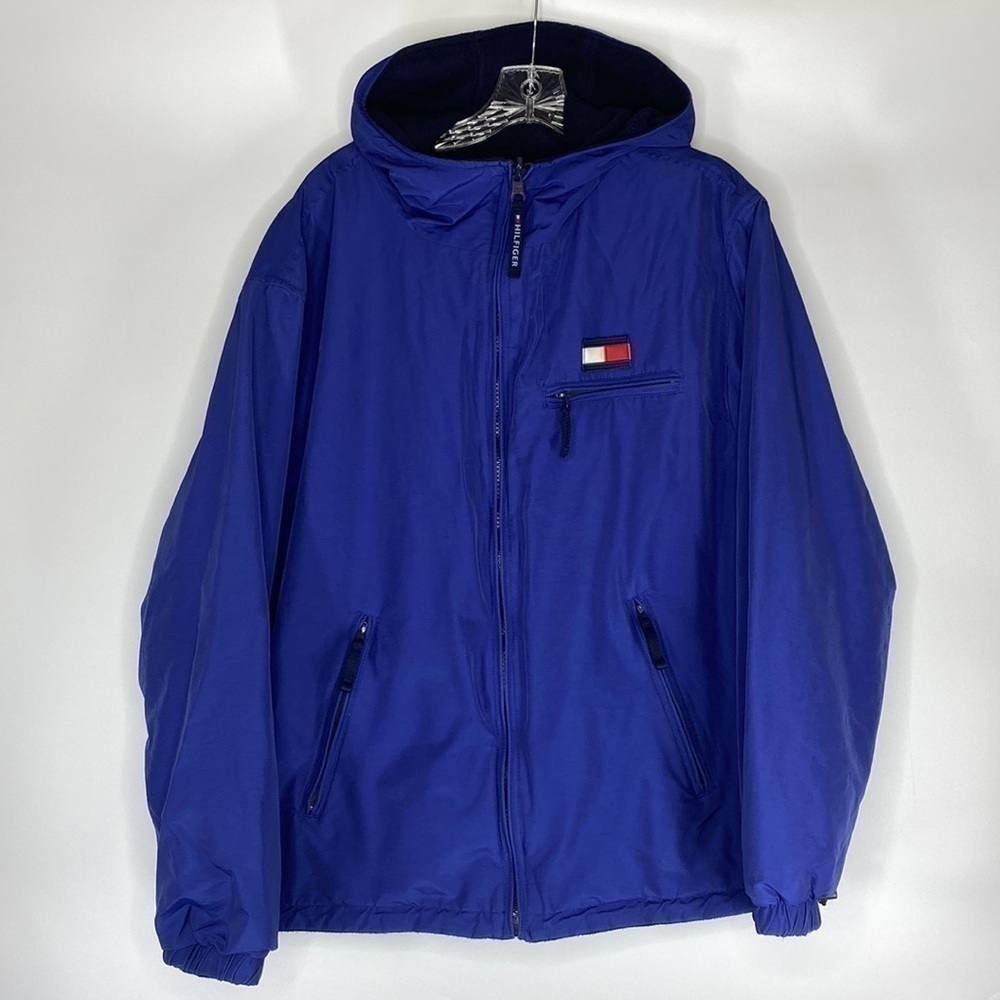 Vintage Tommy Hilfiger Blue Reversible Hooded Fleece Jacket Size Large Spellout